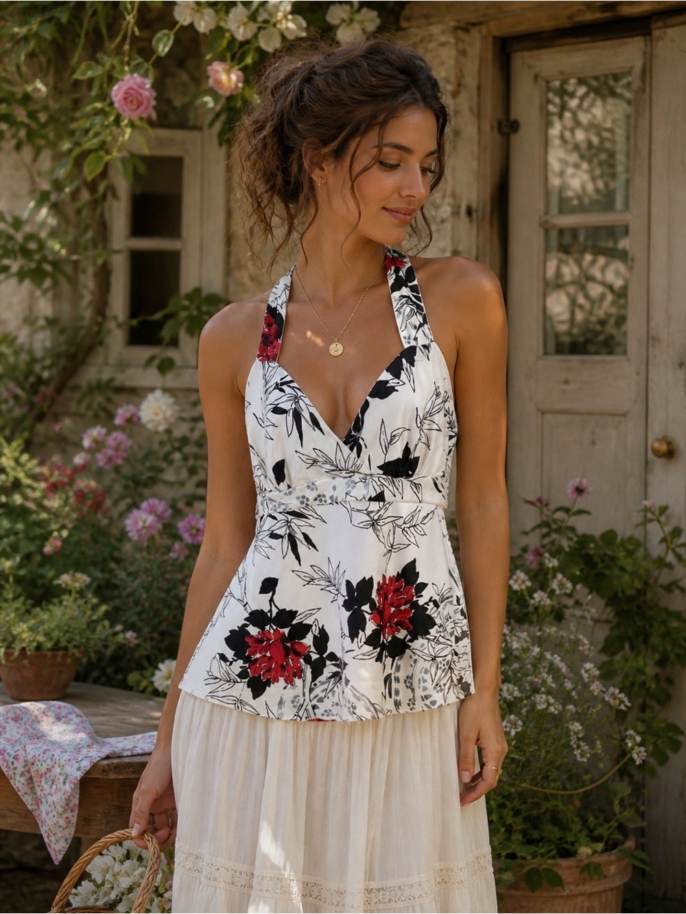 IZ Byer Y2K Floral Boho Tie Back Empire Waist Babydoll Blouse Size M